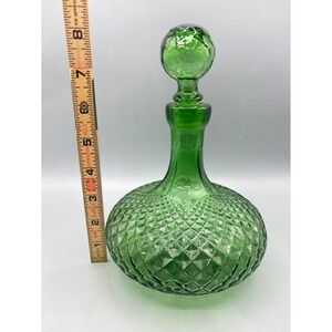 Vtg Empoli Made in Italy Emerald Green Glass Decanter Diamond Point Hobnail
